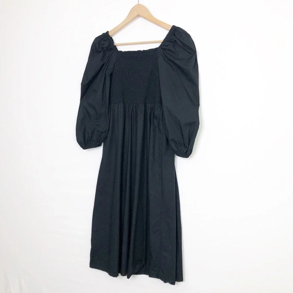 J Crew black smocked bodice puff sleeve, midi dress